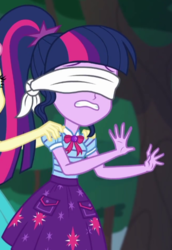 Size: 439x637 | Tagged: safe, screencap, fluttershy, sci-twi, twilight sparkle, equestria girls, equestria girls series, g4, stressed in show, stressed in show: fluttershy, blindfold, bowtie, clothes, cropped, cute, female, geode of telekinesis, magical geodes, ponytail, skirt