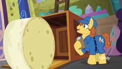 Size: 1920x1080 | Tagged: safe, screencap, bulk shipment, earth pony, pony, a matter of principals, g4, androgynous, background pony, cheese, cheese wheel, clipboard, clothes, female, food, limburger cheese, mare, solo, uniform