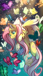 Size: 1080x1920 | Tagged: safe, artist:lumyowl, fluttershy, butterfly, pegasus, pony, g4, female, looking at something, mare, smiling, spread wings, wings