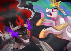 Size: 1247x900 | Tagged: safe, artist:seanica, king sombra, princess celestia, alicorn, pony, unicorn, g4, curved horn, fight, glowing horn, hoof shoes, horn, magic, rearing, sombra eyes