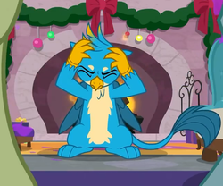 Size: 648x540 | Tagged: safe, screencap, gallus, griffon, g4, the hearth's warming club, claws, cropped, eyes closed, fire, fireplace, male, paws, solo focus, tail, upset, wings