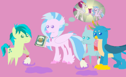 Size: 650x400 | Tagged: safe, artist:agrol, gallus, ocellus, queen novo, sandbar, silverstream, changedling, changeling, classical hippogriff, earth pony, griffon, hippogriff, pony, g4, my little pony: the movie, season 8, the hearth's warming club, animated, book, female, lineless, male, mop, pink background, pointy ponies, puddle, simple background, stallion, teenager