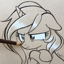 Size: 2748x2769 | Tagged: safe, artist:emberslament, oc, oc only, pony, unicorn, angry, arm hooves, boop, colored pencils, commission, cute, ears back, female, grumpy, high res, madorable, mare, pencil boop, photo, sketch, solo, traditional art