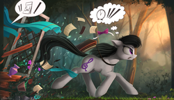 Size: 2485x1435 | Tagged: safe, artist:yakovlev-vad, octavia melody, earth pony, pony, g4, calendar, clock, comb, exclamation point, female, floppy ears, fluffy, late, mare, paper, running, saddle bag, solo, thought bubble