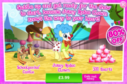 Size: 792x526 | Tagged: safe, gameloft, topspin, earth pony, pony, appleoosa's most wanted, g4, clown, costs real money, cute, daaaaaaaaaaaw, gem, generous gameloft, happy, introduction card, looking at you, male, open mouth, open smile, poem, rhyme, rodeo clown, smiling, solo, stallion