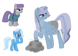 Size: 1024x739 | Tagged: safe, artist:blackdawnyaoilover, maud pie, trixie, oc, unnamed oc, earth pony, pony, unicorn, g4, female, lesbian, mare, open mouth, parent:maud pie, parent:trixie, parents:mauxie, raised hoof, ship:mauxie, shipping, simple background, smiling, white background