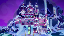 Size: 1280x720 | Tagged: safe, screencap, g4, the hearth's warming club, architecture, beautiful, christmas, christmas lights, holiday, scenery, scenery porn, school of friendship, snow