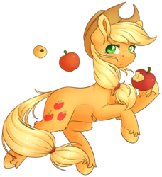 Size: 901x990 | Tagged: safe, artist:ak4neh, applejack, earth pony, pony, g4, apple, cowboy hat, eating, female, food, hat, herbivore, hoof hold, looking at you, mare, simple background, solo, transparent background