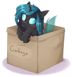 Size: 1555x1651 | Tagged: safe, artist:pledus, oc, oc only, oc:shifter, changeling, blushing, box, changeling in a box, changeling oc, cute, cute little fangs, cuteling, digital art, fangs, looking up, male, ocbetes, signature, simple background, solo, trash can, white background, ych result