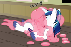 Size: 2870x1882 | Tagged: safe, artist:badumsquish, derpibooru exclusive, shining armor, oc, oc:quiddity, goo pony, original species, pony, unicorn, g4, cute, dialogue, duo, eyes closed, father and daughter, female, gritted teeth, hape, happy, hug, male, on back, parent:shining armor, pinned, pounce, shocked, show accurate, splatter, suffocating, surprised, unshorn fetlocks, what a twist, wide eyes