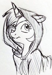 Size: 1554x2235 | Tagged: safe, artist:smirk, lyra heartstrings, pony, unicorn, g4, bust, clothes, dig the swell hoodie, female, grayscale, hoodie, monochrome, portrait, sketch, solo, traditional art