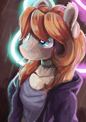 Size: 2893x4092 | Tagged: safe, artist:baldmoose, oc, oc only, anthro, anthro oc, breasts, bust, cigarette, cleavage, clothes, female, looking away, mare, neon, solo, sweater, vulgar description