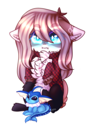 Size: 1163x1560 | Tagged: safe, artist:honeybbear, oc, oc only, oc:suri-chan, earth pony, pony, vaporeon, chest fluff, chibi, clothes, female, floppy ears, mare, plushie, pokémon, pokémon red and blue, shirt, simple background, solo, transparent background