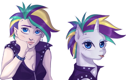 Size: 1376x882 | Tagged: safe, artist:bubblenote, rarity, human, pony, g4, :p, alternate hairstyle, clothes, female, humanized, looking at you, punk, raripunk, silly, simple background, tongue out, white background