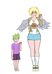 Size: 2480x3508 | Tagged: safe, artist:franschesco, derpy hooves, spike, human, g4, breasts, busty derpy hooves, eating, female, food, high res, humanized, male, muffin, ship:derpyspike, shipping, straight, winged humanization, wings