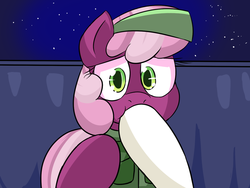 Size: 1280x960 | Tagged: safe, artist:zanezandell, cheerilee, oc, oc:wispy winds, pony, comic:cmcnext, g4, cmcnext, headband, hoof in mouth, hooves, looking at you, misleading thumbnail, night, shut up, story included, this will end in death, this will end in tears
