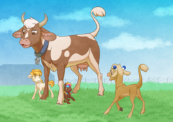 Size: 3508x2480 | Tagged: safe, artist:jackiebloom, oc, oc only, oc:flowerbed, oc:golden grain, oc:mayflower, cow, earth pony, pony, baby, baby pony, bell, calf, collar, cowbell, female, filly, foal, high res, udder