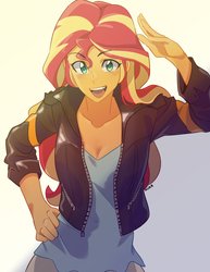 Size: 2550x3300 | Tagged: safe, artist:rustyartist, sunset shimmer, equestria girls, g4, anime, breasts, cleavage, female, high res, looking at you, open mouth, smiling, solo