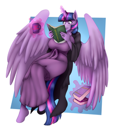 Size: 2124x2400 | Tagged: safe, artist:09hankris, artist:marauder6272, twilight sparkle, alicorn, anthro, unguligrade anthro, g4, big breasts, book, breasts, busty twilight sparkle, clothes, commission, drink, female, high res, huge breasts, large wings, levitation, magic, mug, reading, solo, telekinesis, that pony sure does love books, twilight sparkle (alicorn), wings