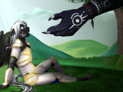 Size: 1024x771 | Tagged: safe, artist:blackblood-queen, oc, oc:stormfall, dragon, anthro, anthro oc, armor, bracelet, grass, hand, jewelry, looking up, male, scar, stallion, white hair, ych result