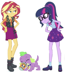 Size: 838x921 | Tagged: dead source, safe, artist:php77, editor:php77, sci-twi, spike, spike the regular dog, sunset shimmer, twilight sparkle, dog, equestria girls, g4, my little pony equestria girls: better together, boots, clothes, geode of empathy, geode of telekinesis, glasses, jacket, paws, ponytail, shoes, simple background, skirt, transparent background