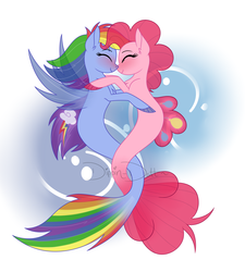 Size: 4500x5000 | Tagged: safe, artist:dippin-dott, pinkie pie, rainbow dash, earth pony, pegasus, pony, seapony (g4), g4, absurd resolution, blushing, bubble, cute, dorsal fin, eyelashes, eyes closed, female, fin, fin wings, fins, fish tail, flowing mane, flowing tail, lesbian, looking at each other, looking at someone, mare, ocean, seaponified, seapony pinkie pie, seapony rainbow dash, ship:pinkiedash, shipping, signature, smiling, smiling at each other, species swap, tail, underwater, water, wings