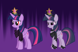 Size: 2656x1800 | Tagged: safe, artist:andoanimalia, mean twilight sparkle, twilight sparkle, alicorn, pony, idw, ponies of dark water, the mean 6, abstract background, alternate universe, big crown thingy, clone, clothes, corrupted twilight sparkle, element of magic, evil, female, jewelry, purple background, red eyes, regalia, scarf, simple background, twilight sparkle (alicorn)