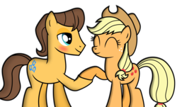 Size: 1698x1027 | Tagged: safe, artist:meandmyideas, applejack, caramel, g4, bedroom eyes, blushing, eyes closed, female, holding hooves, male, ship:carajack, shipping, simple background, straight, transparent background, vector