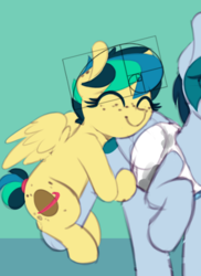 Size: 508x696 | Tagged: safe, artist:shinodage, edit, oc, oc only, oc:apogee, oc:delta vee, pegasus, pony, clothes, cute, duo, eyes closed, female, fibonacci spiral, filly, golden ratio, hug, leg hug, mare, mother and daughter, unamused