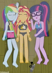 Size: 755x1057 | Tagged: safe, artist:robukun, rainbow dash, sci-twi, sunset shimmer, twilight sparkle, equestria girls, g4, my little pony equestria girls: better together, barefoot, belly button, clothes, eyes closed, feet, gas, geode of empathy, geode of super speed, geode of telekinesis, magical geodes, ponytail, sleeping, swimsuit