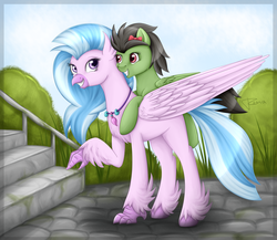 Size: 2300x2000 | Tagged: safe, artist:puggie, silverstream, oc, oc:aurelia, classical hippogriff, hippogriff, pegasus, pony, g4, canon x oc, commission, duo, female, high res, looking at each other, mare, nature, pointing, ponies riding hippogriffs, riding, stairs, that hippogriff sure does love stairs