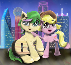 Size: 2200x2028 | Tagged: safe, artist:chopsticks, oc, oc only, oc:harmonic tune, oc:harmony star, earth pony, pegasus, pony, chest fluff, city, cityscape, clothes, dallas, duo, ear fluff, female, guitar, hat, high res, hoof fluff, looking at you, male, mare, mascot, musical instrument, stallion, stars