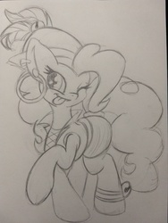 Size: 3024x4032 | Tagged: safe, artist:zemer, pinkie pie, g4, ear piercing, earring, gypsy pie, jewelry, monochrome, one eye closed, pencil drawing, piercing, tongue out, traditional art, wink