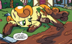 Size: 751x464 | Tagged: safe, artist:pencils, idw, carrot top, golden harvest, earth pony, pony, g4, spoiler:comic, spoiler:comic69, chocolate, cropped, female, food, mare, out of context, solo, speech bubble