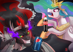 Size: 1247x900 | Tagged: safe, artist:seanica, edit, king sombra, princess celestia, alicorn, pony, unicorn, g4, coca-cola, curved horn, fight, glowing horn, hoof shoes, horn, magic, pepsi, rearing, soda, sombra eyes