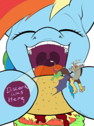 Size: 767x1025 | Tagged: safe, artist:php187, color edit, edit, editor:neoar2000, discord, rainbow dash, draconequus, pegasus, pony, fanfic:a small issue, g4, burger, colored, eating, eyes closed, fanfic art, female, food, graffiti, hay burger, human teeth, imminent vore, male, mare, mawshot, one eye closed, open mouth, smiling, unaware, uvula, vore day, wink, zoom layer