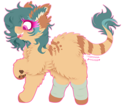 Size: 1024x887 | Tagged: safe, artist:vanillaswirl6, oc, oc only, oc:izzy, hybrid, candy, chest fluff, chibi, commission, ear fluff, fluffy, food, leg warmers, leonine tail, lollipop, open mouth, paw pads, paws, signature, simple background, solo, tail fluff, transparent background