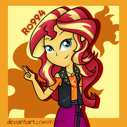 Size: 1500x1500 | Tagged: safe, artist:ro994, sunset shimmer, equestria girls, g4, my little pony equestria girls: better together, clothes, female, geode of empathy, jacket, leather, leather jacket, skirt, smiling, solo