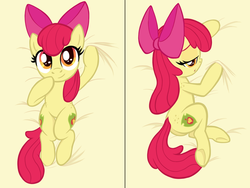 Size: 1515x1142 | Tagged: safe, artist:lockerobster, edit, editor:deserter, apple bloom, earth pony, pony, g4, alternate cutie mark, body pillow, body pillow design, butt, colored pupils, cute, female, filly, freckles, hip freckles, looking at you, looking back, plot, shoulder freckles, smiling, solo