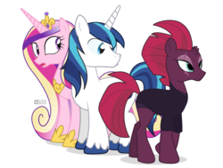Size: 1125x850 | Tagged: safe, artist:dm29, fizzlepop berrytwist, princess cadance, shining armor, tempest shadow, alicorn, pony, unicorn, g4, broken horn, distracted boyfriend meme, eye scar, female, horn, looking back, male, mare, married couple, mohawk, scar, scared, shiningshadow, ship:shiningcadance, shipping, simple background, stallion, straight, this will end in a night on the couch, transparent background, trio, unshorn fetlocks, walking