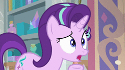 Size: 1280x720 | Tagged: safe, edit, edited screencap, screencap, starlight glimmer, twilight sparkle, alicorn, pony, a matter of principals, g4, animated, book, bottle, chair, chest, close-up, crystal, curtains, desk, display case, duo, duo female, female, hoof on chest, levitation, magic, pillar, rug, school of friendship, sound, table, telekinesis, twilight sparkle (alicorn), twilight's office, webm, window
