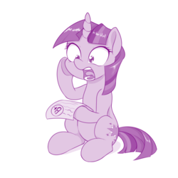 Size: 800x800 | Tagged: safe, artist:dstears, twilight sparkle, pony, unicorn, g4, b+, despair, female, filly, filly twilight sparkle, grades, heartbreak, mare, monochrome, newbie artist training grounds, open mouth, purple, shocked, simple background, solo, this will end in tears, underhoof, unicorn twilight, white background, xk-class end-of-the-world scenario, younger