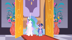 Size: 1280x720 | Tagged: safe, artist:estories, edit, edited screencap, editor:slayerbvc, screencap, vector edit, princess celestia, twilight sparkle, alicorn, pony, unicorn, g4, my little pony: friendship is magic, the best night ever, accessory-less edit, bare hooves, clothes, dress, female, gala dress, grand galloping gala, mare, missing accessory, smiling, twilight sparkle's first gala dress, vector