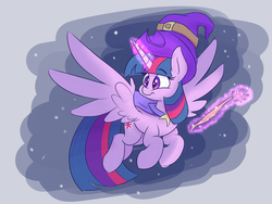 Size: 2000x1500 | Tagged: safe, artist:heir-of-rick, twilight sparkle, alicorn, pony, g4, cape, clothes, female, flying, hat, hidden cane, looking back, mare, newbie artist training grounds, smiling, solo, twilight sparkle (alicorn), wand, witch hat