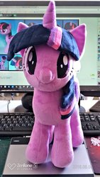 Size: 576x1024 | Tagged: safe, artist:nekokevin, twilight sparkle, alicorn, pony, g4, computer, cute, female, irl, keyboard, looking at you, mare, photo, plushie, smiling, tablet, twiabetes, twilight sparkle (alicorn)