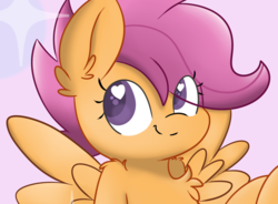 Size: 910x668 | Tagged: safe, artist:meowmavi, scootaloo, pegasus, pony, g4, abstract background, chest fluff, cute, cutealoo, female, filly, happy, heart eyes, smiling, solo, sparkles, spread wings, wingding eyes, wings