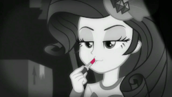 Size: 998x561 | Tagged: safe, screencap, rarity, human, equestria girls, equestria girls series, g4, rarity investigates: the case of the bedazzled boot, animated, detective rarity, female, gif, lipstick, monochrome, neo noir, partial color, rarity being rarity, rarity investigates (eqg): trixie, red lipstick, solo