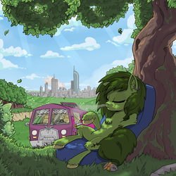 Size: 1400x1399 | Tagged: safe, artist:hc0, oc, oc only, earth pony, pony, armpits, car, chest fluff, city, drugs, female, leaves, mare, marijuana, smoking, solo, tree, van