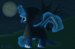 Size: 4027x2648 | Tagged: safe, artist:thedarksatanicorn, princess luna, pony, g4, atg 2018, cloak, clothes, female, glowing horn, grim reaper, horn, magic, newbie artist training grounds, night, scythe, solo, telekinesis, tree