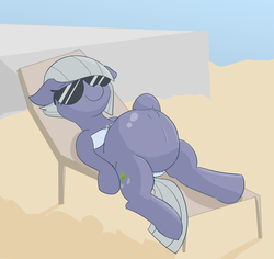Size: 3068x2893 | Tagged: safe, artist:comfyplum, limestone pie, earth pony, pony, g4, beach, belly, big belly, bikini, clothes, female, floppy ears, high res, hoof on belly, mare, pregnant, shiny, simple background, smiling, solo, sunbathing, sunglasses, swimsuit